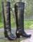 Vintage FRYE Leather 19" Western BOOTS Minimalist Black Pull On Stacked heels Womens 7 B