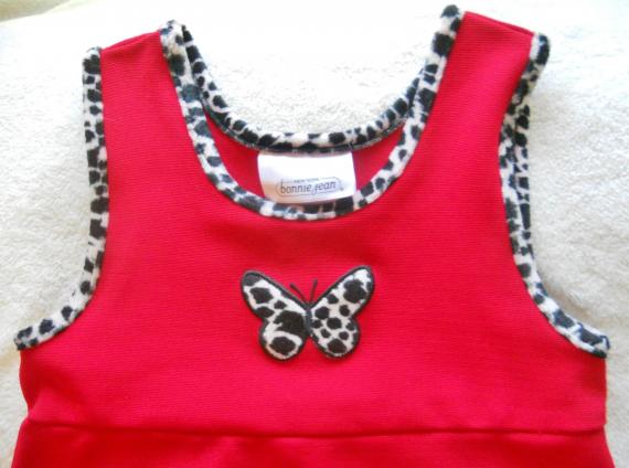Vintage USA Bonnie Jean JUMPER Dress Empire waist Red with Animal Print Trim Butterflys Little Girls 6 --Free Shipping!!