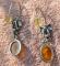 Vintage Sterling Silver Pierced Drop EARRINGS--AMBER Cabochon Bezel Set- Bows Fishhook Wire Dangle