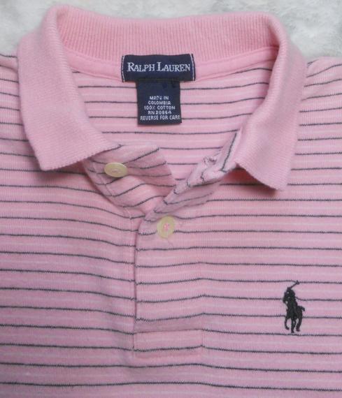 Vintage Ralph Lauren Short Sleeved POLO Shirt-Pink w/Navy striped All cotton Girl Top 6-6X